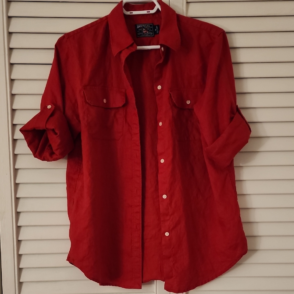 American Living Vibrant Red 100% Linen Shirt
